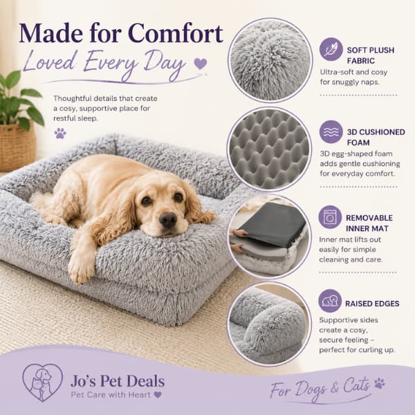 Plush bolster dog and cat bed showing soft fabric, 3D cushioned foam, removable inner mat and raised edges.