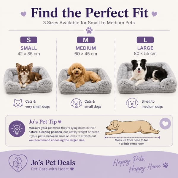 Size guide for plush bolster dog and cat bed in S 42 x 35 cm, M 60 x 45 cm and L 80 x 55 cm.