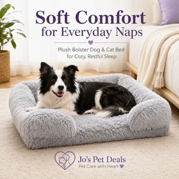 Black and white dog relaxing in a light grey plush bolster pet bed with soft raised edges.