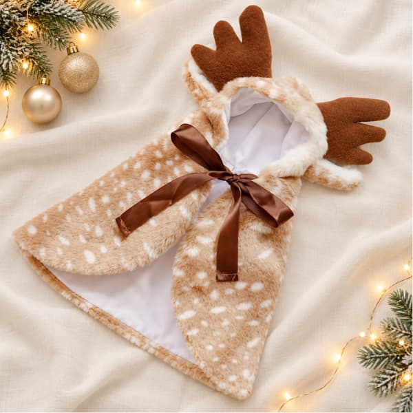 Beige spotted plush Christmas reindeer pet cape with fabric antlers, white lining and brown satin bow