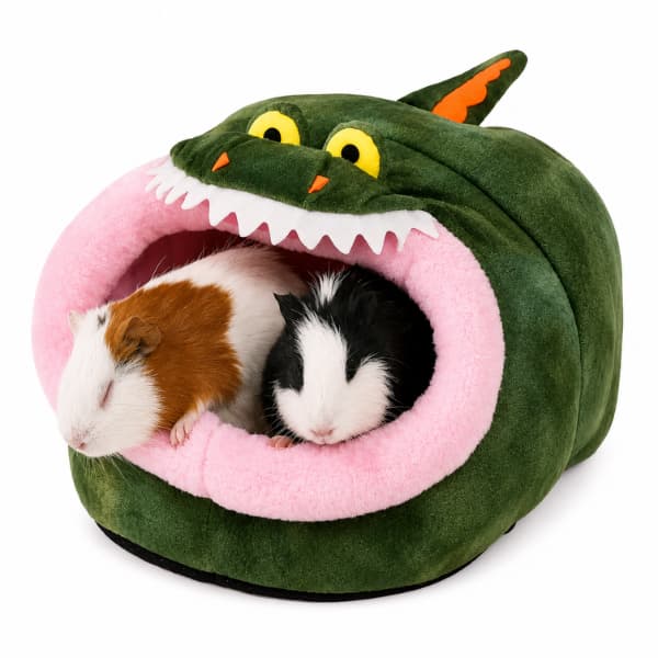 Pet bed shaped like a shark with two guinea pigs inside on a white background