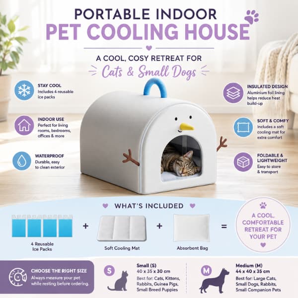 Portable indoor pet cooling house with reusable ice packs for cats, small dogs, rabbits and guinea pigs to help create a cool, comfortable summer resting space.
