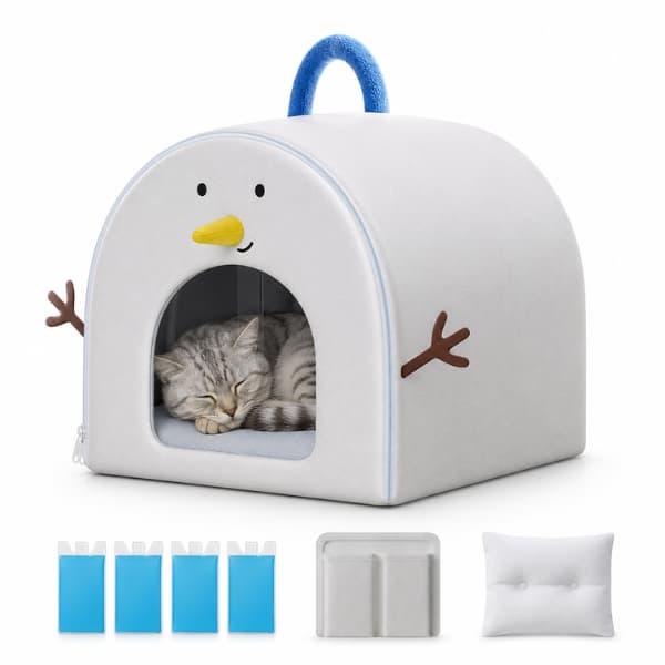 Portable indoor pet cooling house with reusable ice packs and a sleeping cat inside, designed to help cats and small pets stay cool and comfortable during warm summer weather.