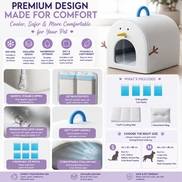 Portable pet cooling house showing premium features, reusable ice packs, insulated design, size guide and cooling mat for cats, small dogs, rabbits and guinea pigs.