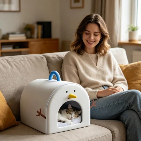 Portable indoor pet cooling house providing a cool, comfortable resting space for a cat in a modern living room during warm summer weather.