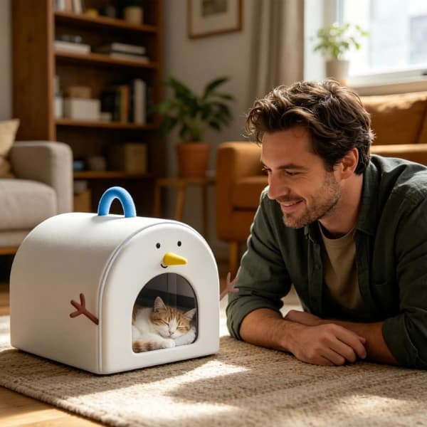 Cat relaxing inside a portable indoor pet cooling house while its owner enjoys time nearby, creating a cool and comfortable summer resting space.
