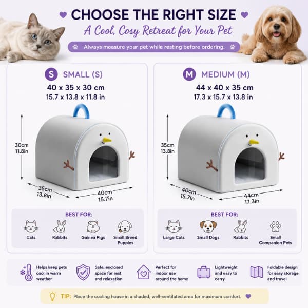 Portable indoor pet cooling house size guide showing Small and Medium dimensions with recommended sizes for cats, small dogs, rabbits and guinea pigs.