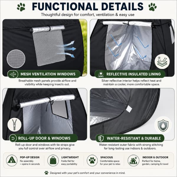 Functional features of the portable pet shade tent showing mesh ventilation windows, reflective insulated lining, roll-up door, water-resistant fabric and lightweight pop-up design for outdoor summer use.