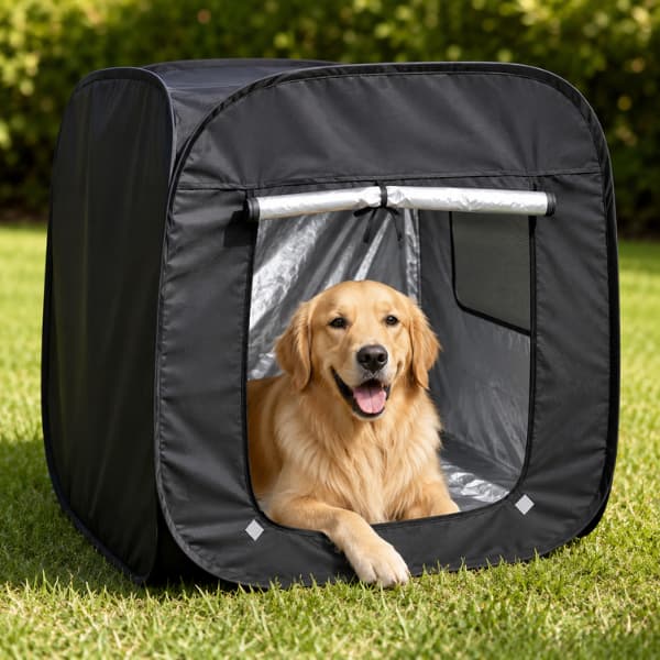 Golden Retriever relaxing inside a portable pet shade tent in a sunny garden, providing a cool and sheltered outdoor space during summer.