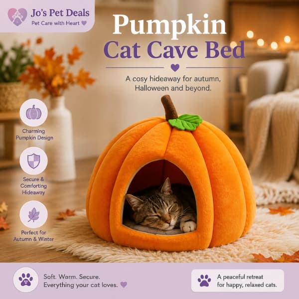 Orange Pumpkin Cat Cave Bed with a sleeping cat, featuring a cosy enclosed design for warmth and comfort during autumn and winter.