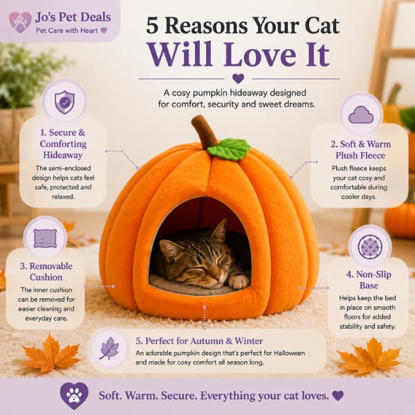 Benefits of the Pumpkin Cat Cave Bed showing a cosy enclosed design, soft fleece, removable cushion, non-slip base and autumn and winter comfort.