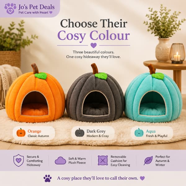 Pumpkin Cat Cave Bed colour options showing Orange, Dark Grey and Blue, with a cat relaxing inside the cosy dark grey enclosed bed.