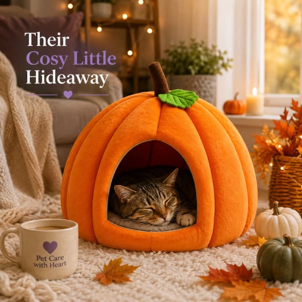 Tabby cat sleeping inside an orange Pumpkin Cat Cave Bed in a cosy autumn home, showing a warm enclosed hideaway for comfortable seasonal rest.