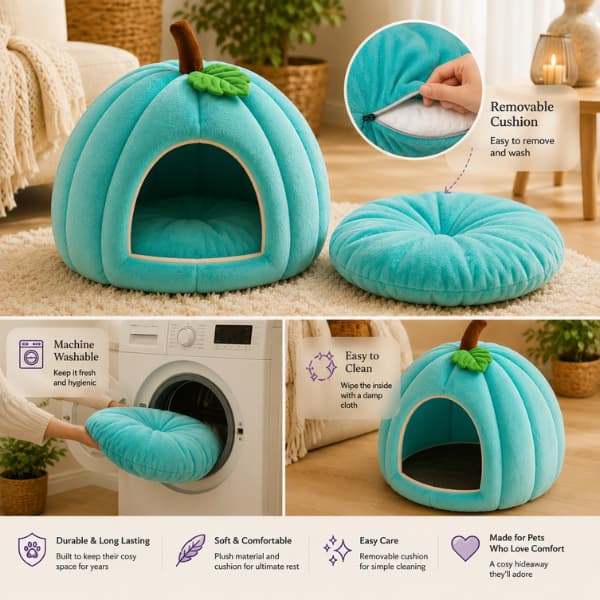 Aqua Pumpkin Cat Cave Bed showing the removable cushioned sleeping pad and easy-care design for everyday cat comfort.