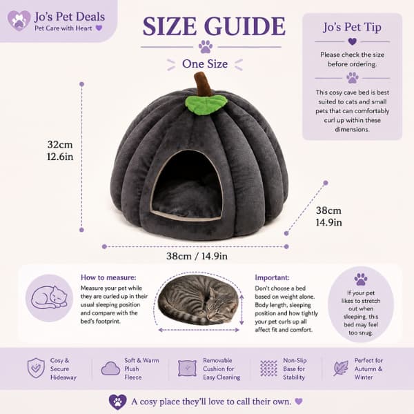 Size guide for the dark grey Pumpkin Cat Cave Bed showing dimensions of 38 × 38 × 32 cm, with measuring tips for cats and small pets.