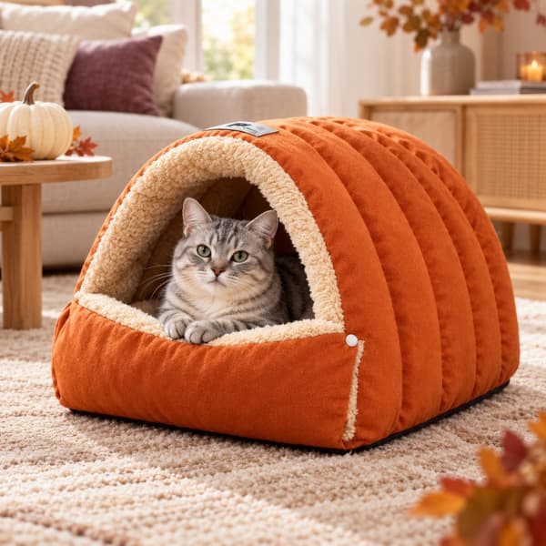 Grey tabby cat relaxing inside a pumpkin-orange plush cave bed