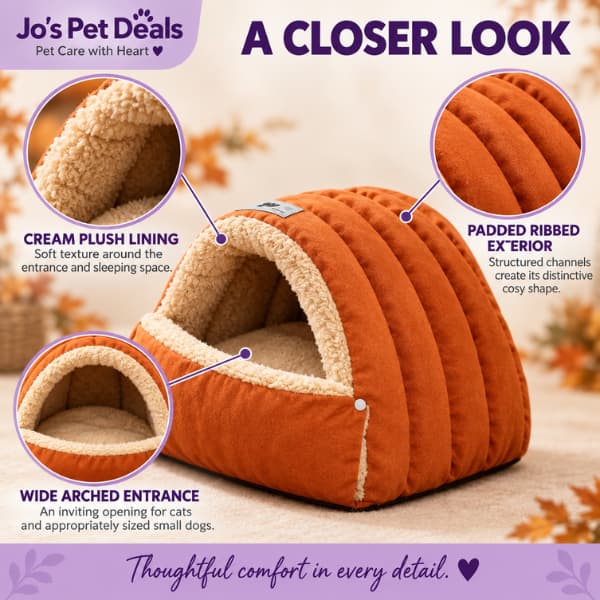 Close-up features of the pumpkin-orange cave bed with plush lining and ribbed exterior
