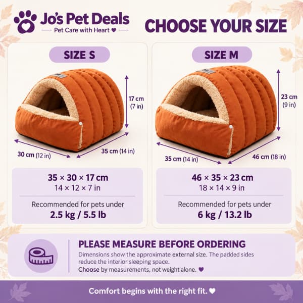 Size guide for pumpkin-orange cave bed in small and medium