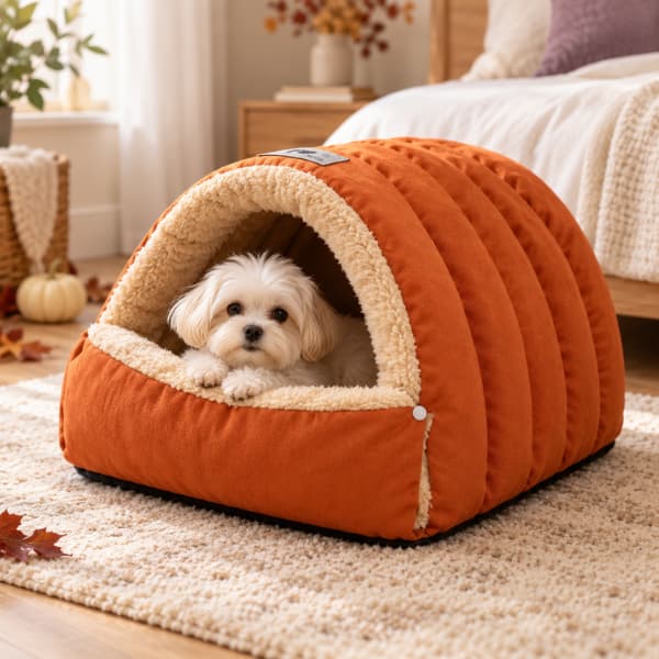 Small Maltese dog relaxing inside a pumpkin-orange plush cave bed