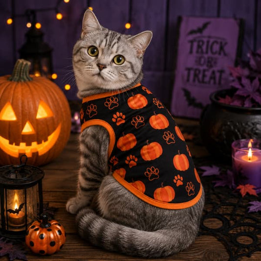 Tabby cat wearing black Halloween pet vest with orange pumpkin and paw print design