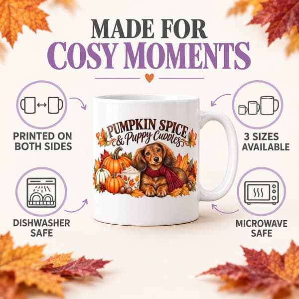 Pumpkin Spice and Puppy Cuddles mug showing printed on both sides, three sizes, dishwasher safe and microwave safe benefits