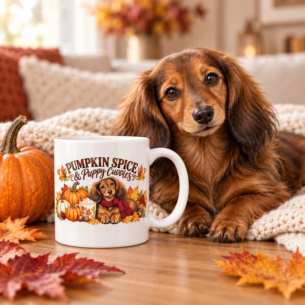 Long-haired Dachshund beside an 11 oz Pumpkin Spice and Puppy Cuddles mug in a cosy autumn setting
