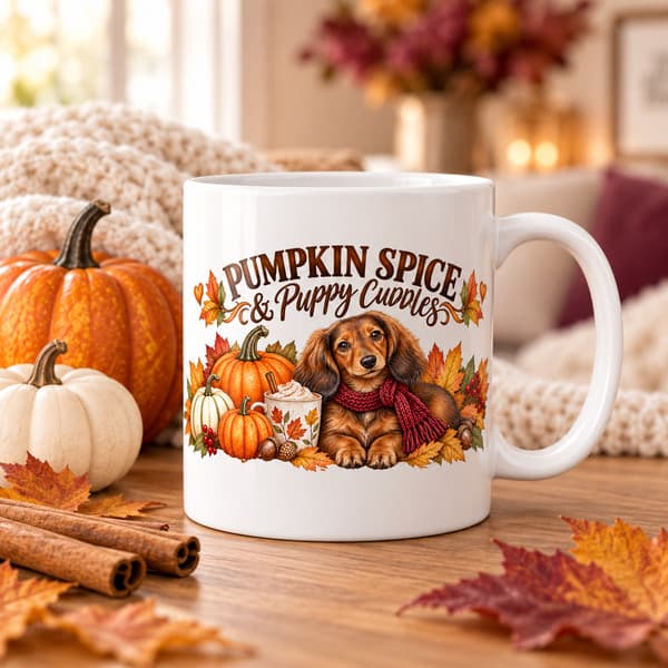 Pumpkin Spice and Puppy Cuddles Dachshund mug in a cosy autumn setting with pumpkins and leaves