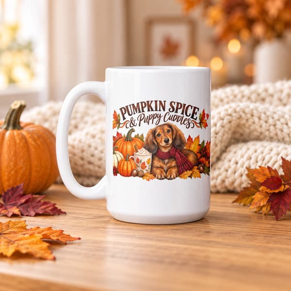 Tall 15 oz Pumpkin Spice and Puppy Cuddles Dachshund mug displayed in a cosy autumn setting