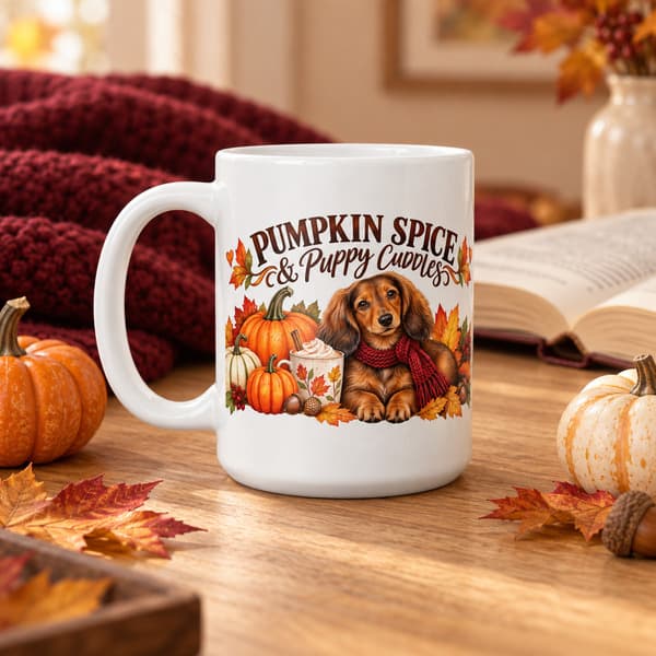 Large 20 oz Pumpkin Spice and Puppy Cuddles Dachshund mug in a cosy autumn reading setting