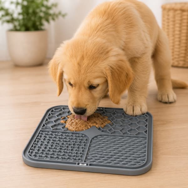 Golden retriever puppy using a gray silicone slow feeder lick mat for calming enrichment and healthier slower eating