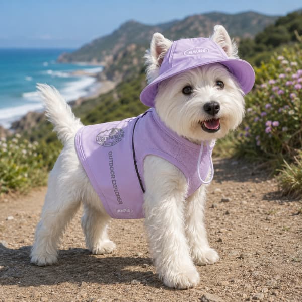 Happy white dog wearing a purple cooling vest and matching sun hat on a sunny coastal walking adventure.