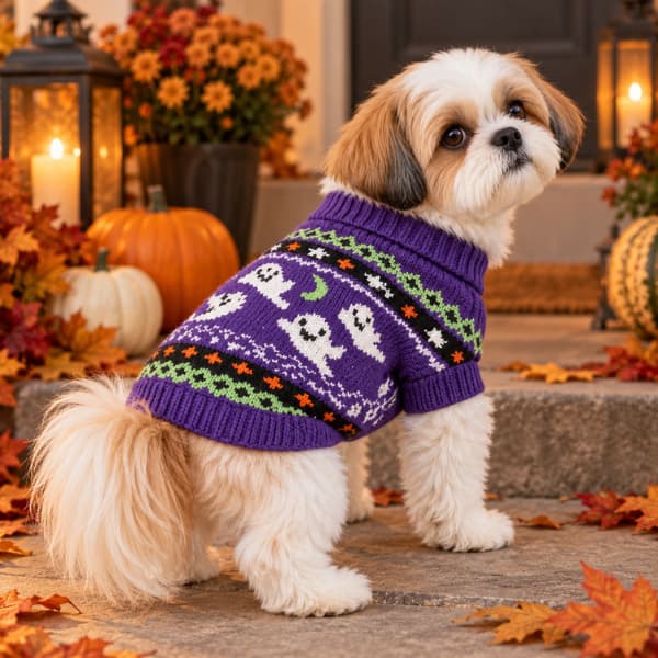 Shih Tzu wearing a purple knitted Halloween dog jumper with ghost and crescent moon pattern