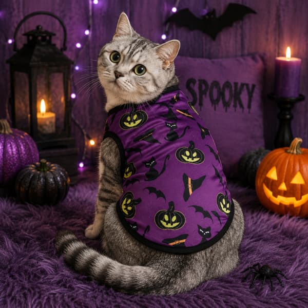 Tabby cat wearing purple Halloween pet vest with black cats bats and pumpkin print
