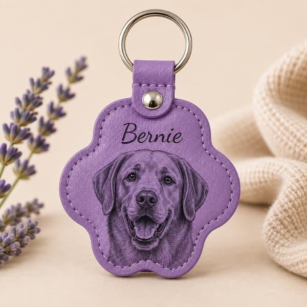 Purple personalised pet photo paw keychain engraved with a Labrador portrait and name