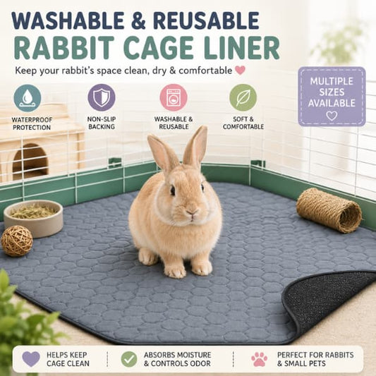 Rabbit cage liner showing waterproof, non-slip and washable features for small pets