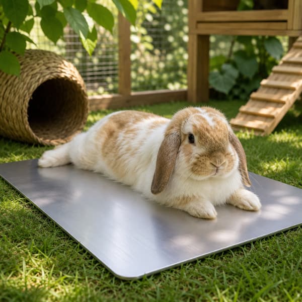 Rabbit relaxing on a cooling plate in a shaded garden during hot summer weather