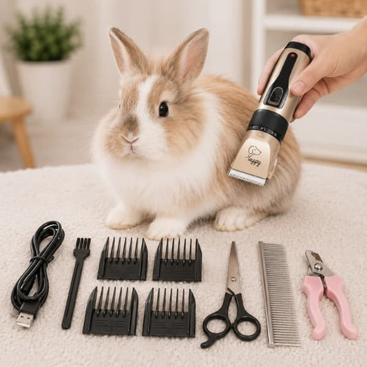 Rabbit being groomed with cordless pet clippers and grooming kit including guide combs, scissors, comb, nail clippers and rechargeable trimmer