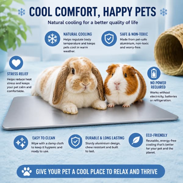 Rabbit and guinea pig using a cooling plate with benefits including natural cooling, chew resistance, easy cleaning and summer heat relief