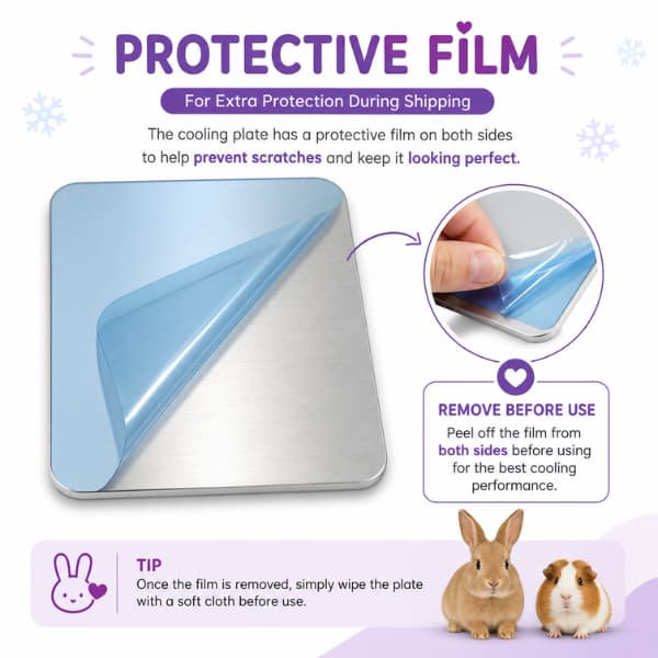 Protective film guide for rabbit and guinea pig cooling plate showing how to remove the film before use