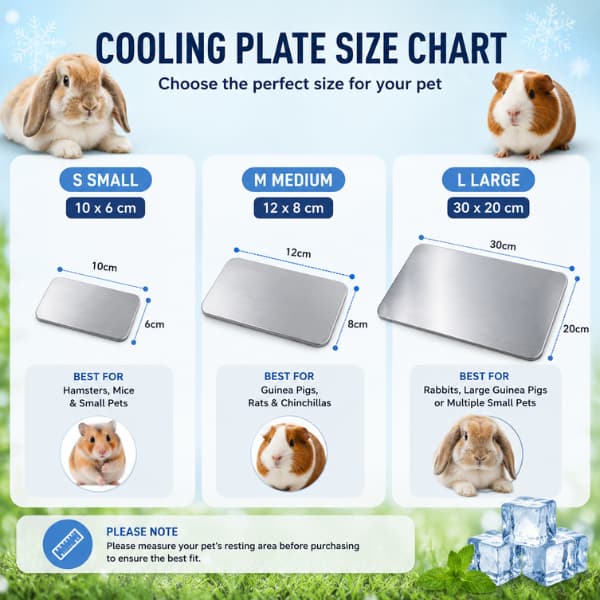 Cooling plate size chart for pets with dimensions and recommended uses.
