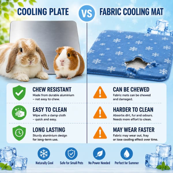 Comparison of a rabbit and guinea pig cooling plate versus a fabric cooling mat showing chew resistance, easy cleaning and durability benefits