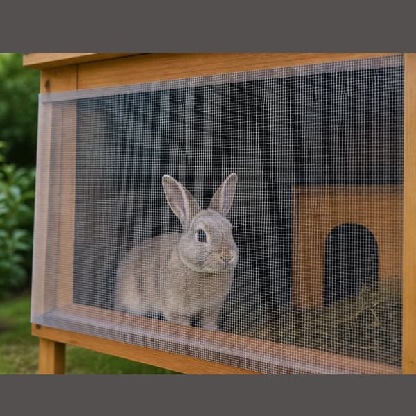 Rabbit inside a hutch protected by a mosquito net to help keep insects away