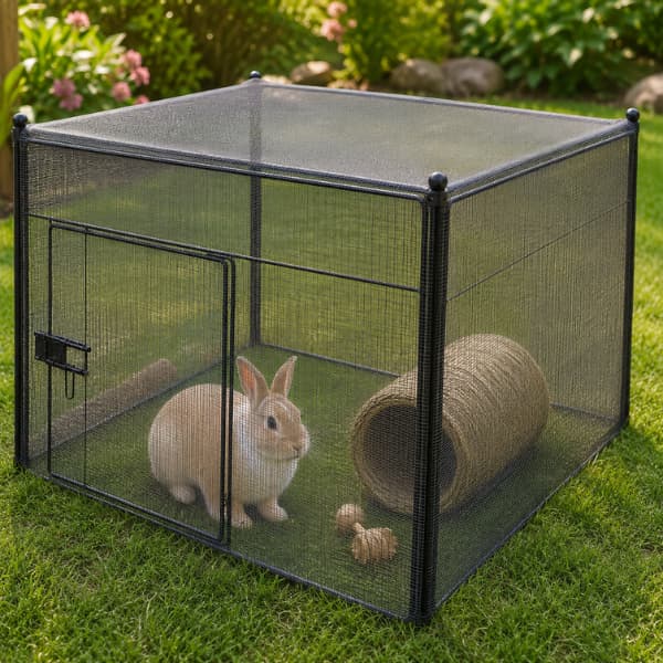Rabbit in outdoor enclosure covered with mosquito net to help protect from insects while grazing
