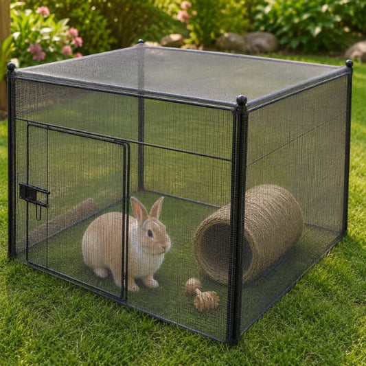 Rabbit in outdoor enclosure covered with mosquito net to help protect from insects while grazing