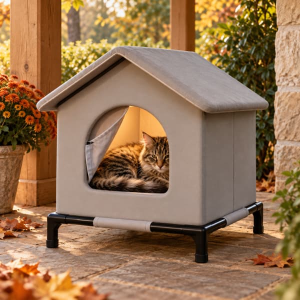 Tabby cat resting inside a raised grey outdoor cat shelter beneath a covered porch