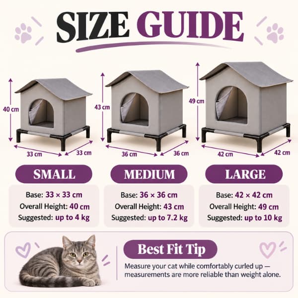Size guide for raised outdoor cat shelter showing small, medium and large dimensions and suggested cat weights