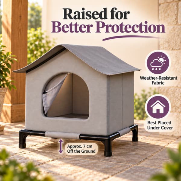 Raised grey outdoor cat shelter with weather-resistant fabric roof and 7 cm elevated base