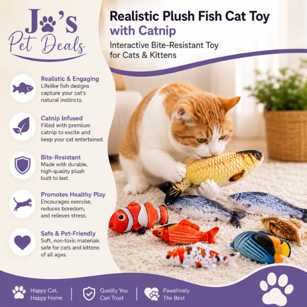 Promotional graphic showing a ginger cat playing with realistic plush fish cat toys with catnip, highlighting interactive play and bite-resistant design