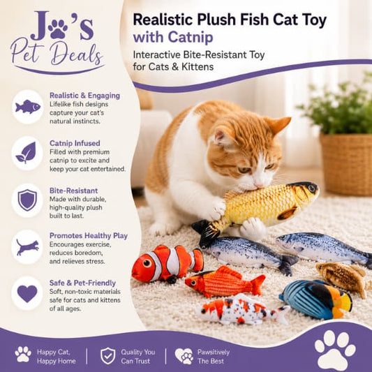 Promotional graphic showing a ginger cat playing with realistic plush fish cat toys with catnip, highlighting interactive play and bite-resistant design