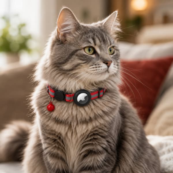 “Fluffy grey cat wearing a red reflective AirTag safety collar with bell while relaxing indoors in a cozy home setting